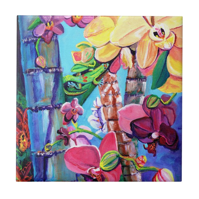 Azulejo Día del Polvo Oro Gecko Hawaiano con orquídeas (Frente)