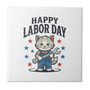 Azulejo Día Feliz del Trabajo Gato Trabajador Patriótico D