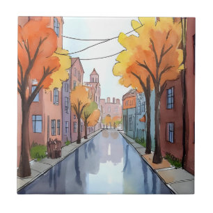 Azulejo Día Lluvioso en Boston Pintura Acuarela MA Arte