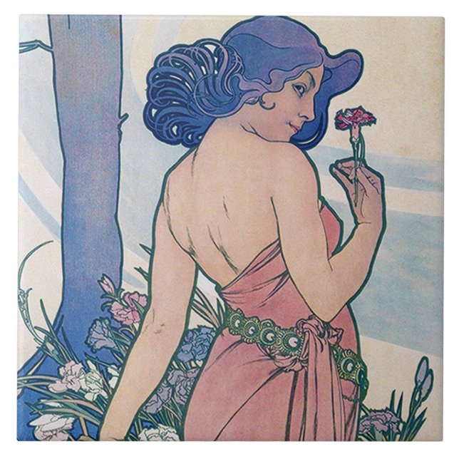 Azulejo Dianthus (Cuatro Flores), Alphonse Mucha (Frente)