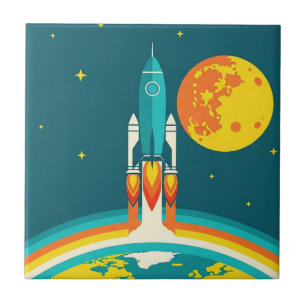 Azulejo Dibujo animado de cohete espacial lindo