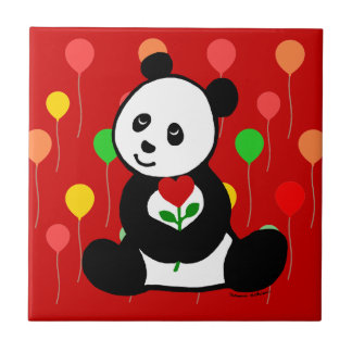 Azulejo Dibujo animado de la panda y una flor del corazón