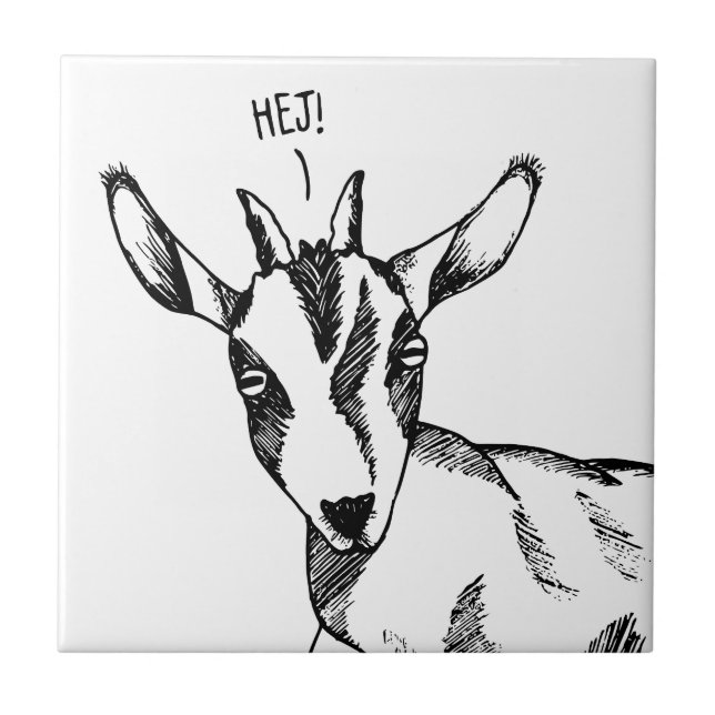 Azulejo Dibujo blanco y negro de cabra pequeña que dice "¡ (Frente)