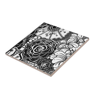 Azulejo Dibujo con patrón floral Zen en blanco y negro