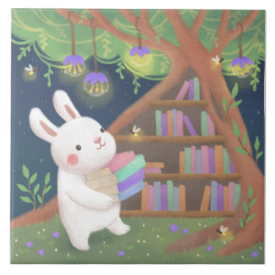 Azulejo Dibujo de conejo adicto a los libros adorable