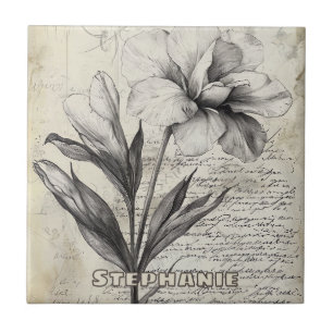 Azulejo Dibujo de Flor Marrón Nostálgico en Papel Antiguo