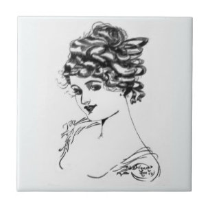 Azulejo Dibujo de la señora 1917 tinta de Nouveau del art