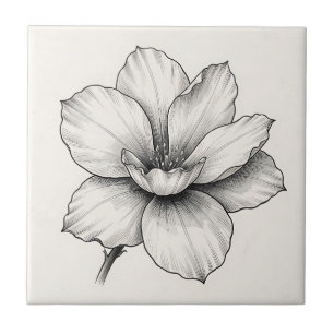 Azulejo Dibujo de línea de flor botánica vintage con tinta