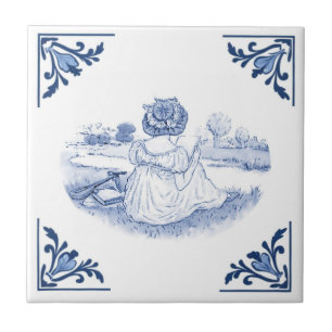 Azulejo Dibujo de mujer vintage Delft esquina azul y blanc