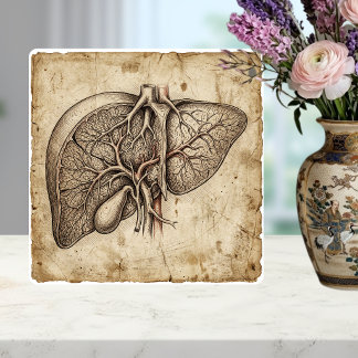 Azulejo Dibujo de tinta anatómica de hígado vintage sepia