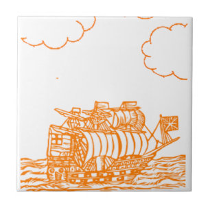 Azulejo dibujo de un barco en línea naranja