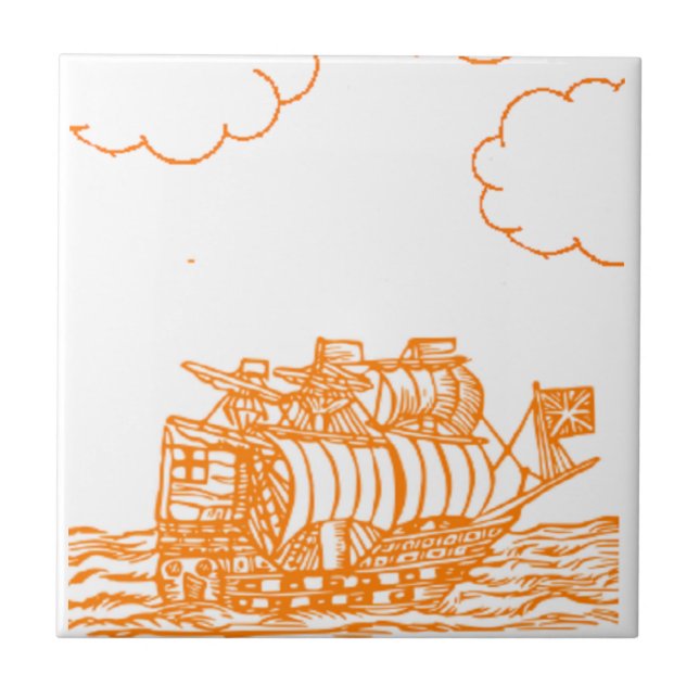 Azulejo dibujo de un barco en línea naranja (Frente)
