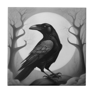 Azulejo Dibujo de un cuervo sobre fondo blanco y negro