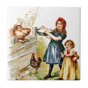 Azulejo Dibujo del vintage: Alimentación del cerdo