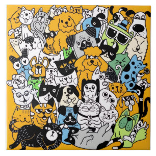 Azulejo Dibujos garabateados de gatos y perros