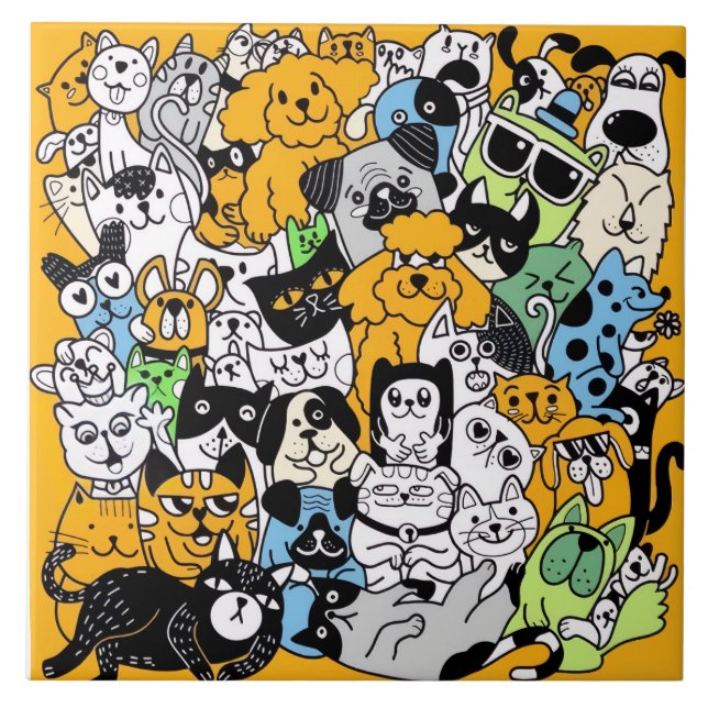 Azulejo Dibujos garabateados de gatos y perros (Frente)