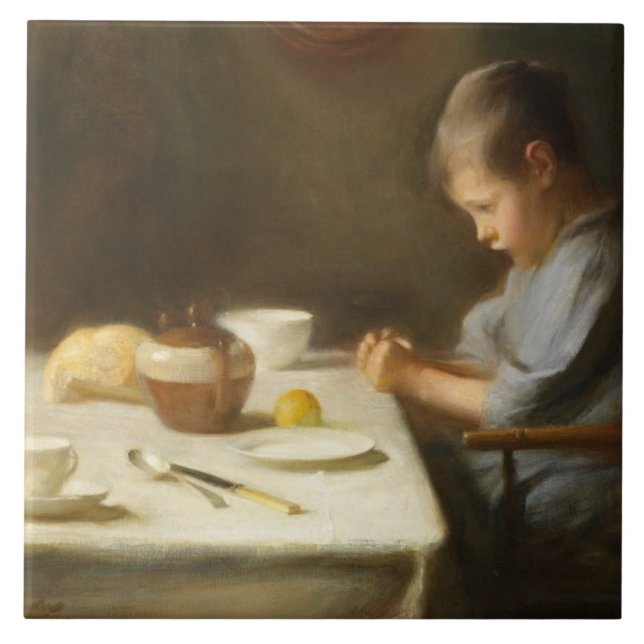 Azulejo Diciendo gracia (niño rezando en la mesa) (Frente)