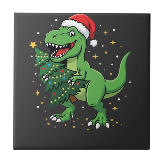 Azulejo Dinosaurio de Navidad Santa T Rex (Frente)