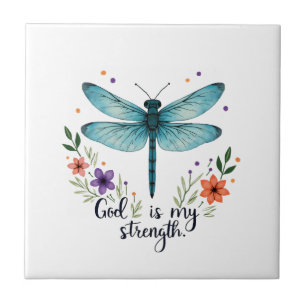 Azulejo Dios es mi fuerza Floral Dragonfly Camiseta Cristi