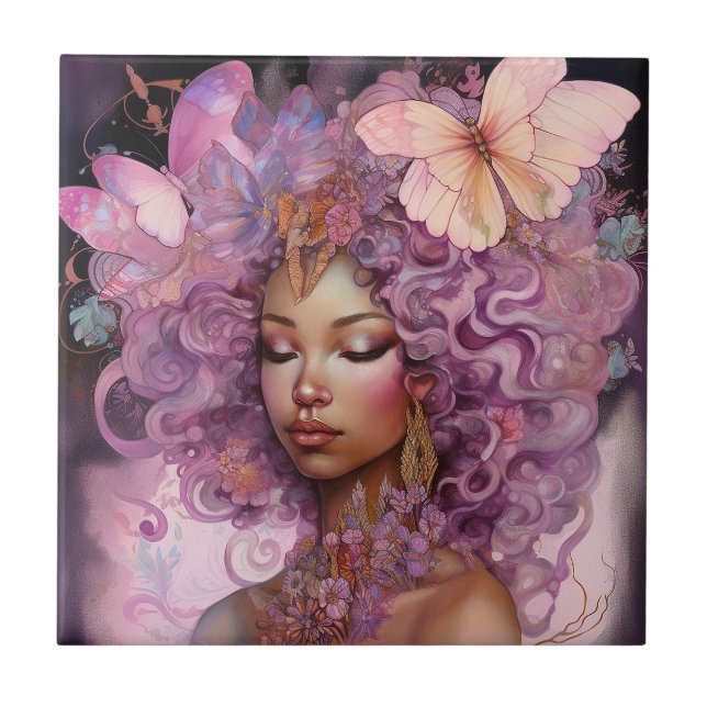 Azulejo Diosa Negra Arte de fantasía morado rosado (Frente)