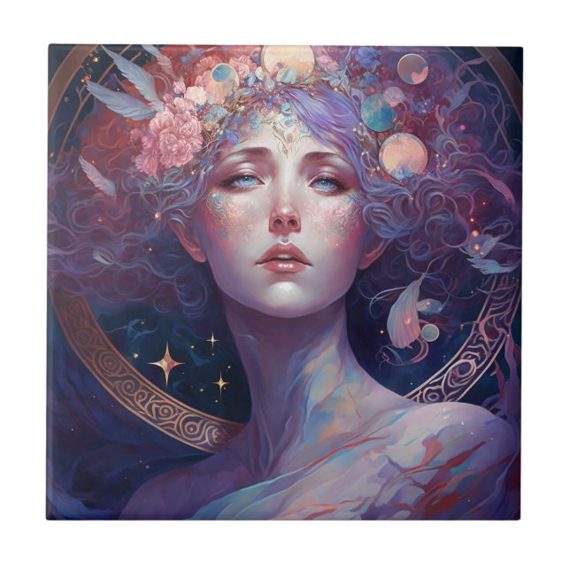 Azulejo Diosa Nocturna Reina Fantasía Arte Cerámica Tile (Frente)