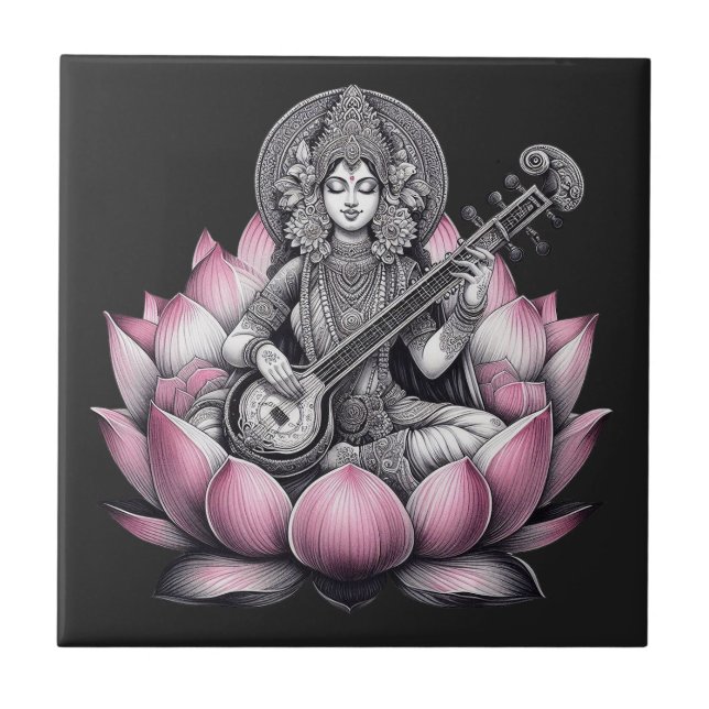 Azulejo Diosa Saraswati en Lotus (Frente)