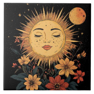Azulejo Diosa solar celestial con florlanes florecientes