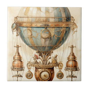 Azulejo Dirigible Mecánico Vintage Globo Azul Sepia