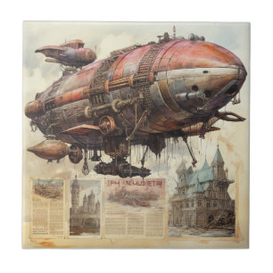 Azulejo Dirigible Zepelín de Cobre y Latón Antiguo