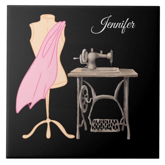 Azulejo Diseñador, máquina de coser, nombre personalizable (Frente)