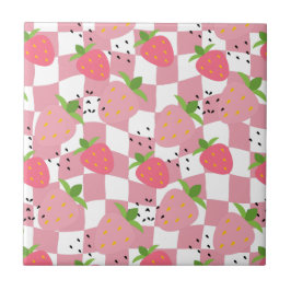 Azulejo Diseño a cuadros de fresas de cocina rosa Guay