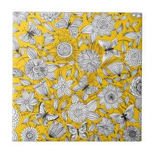 Azulejo Diseño abstracto floral blanco amarillo lindo