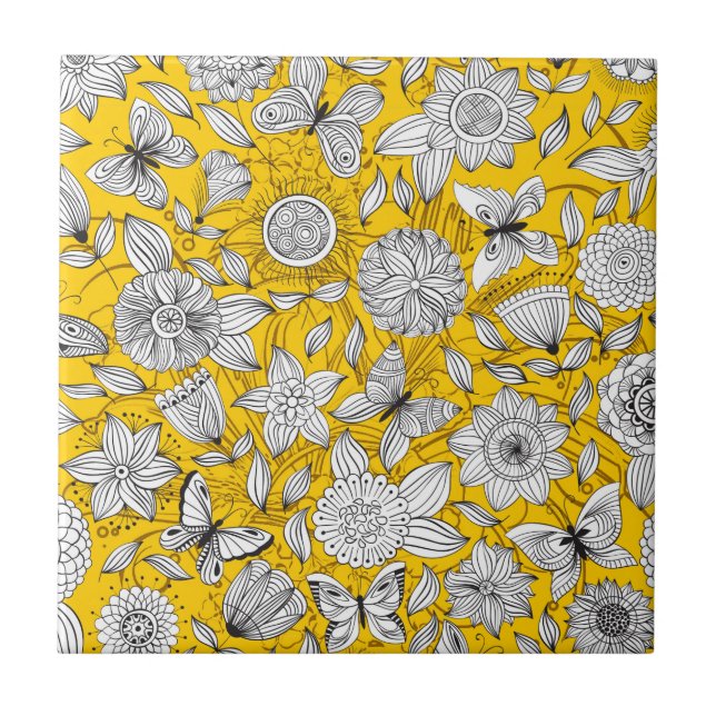 Azulejo Diseño abstracto floral blanco amarillo lindo (Frente)