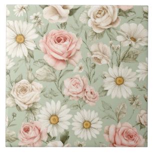 Azulejo Diseño acuarela de margaritas rosas florales