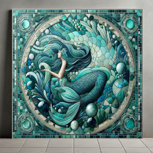 Azulejo Diseño Art Deco de Sirena Oceánica en Mosaico Azul