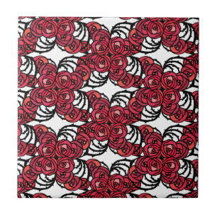 Azulejo Diseño Art Nouveau Floral rojo y rosa negro