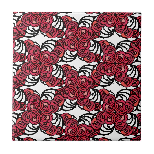 Azulejo Diseño Art Nouveau Floral rojo y rosa negro (Frente)