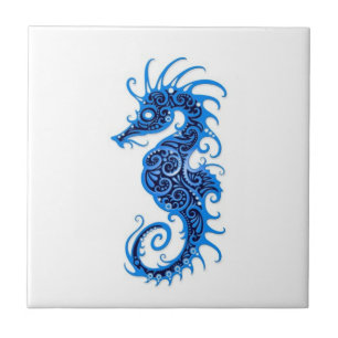 Azulejo Diseño azul complejo del Seahorse en blanco