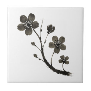 Azulejo Diseño botánico – Arte de línea de flor de ciruelo