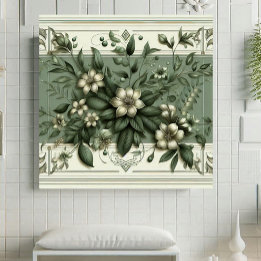 Azulejo Diseño Botánico de Flora Verde Menta Art Déco Vint