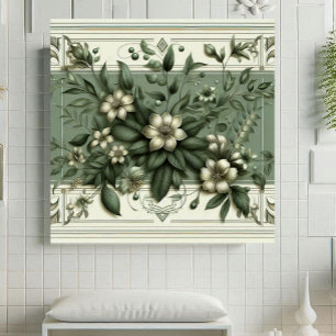 Azulejo Diseño Botánico de Flora Verde Menta Art Déco Vint