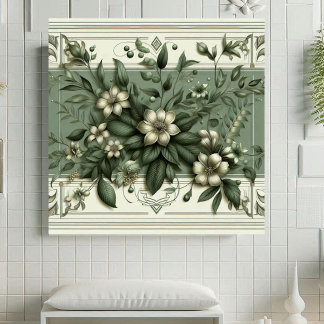 Azulejo Diseño Botánico de Flora Verde Menta Art Déco Vint
