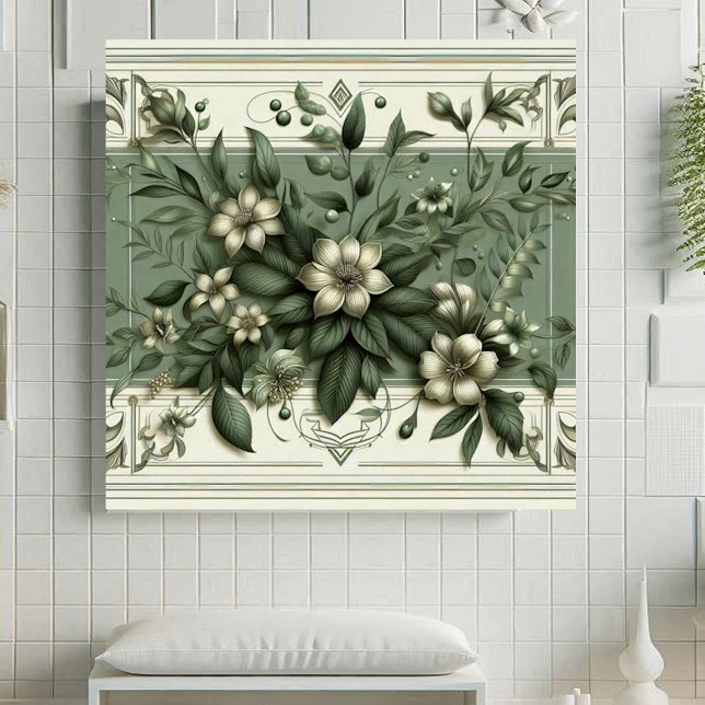 Azulejo Diseño Botánico de Flora Verde Menta Art Déco Vint (Vintage Art Deco Sage Green Ceramic Tile)