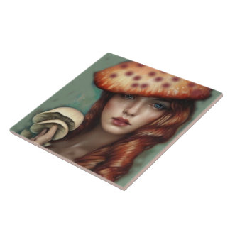 Azulejo diseño de artista de estilo vintage dama con hongo
