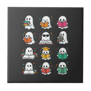 Azulejo Diseño de biblioteca Kawaii de fantasmas leyendo l