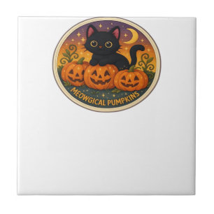 Azulejo Diseño de Bordado de Calabazas Meowgicas de Gato d