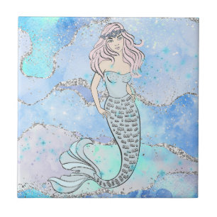 Azulejo Diseño de Brillo Plateado Azul Sirena del Océano B