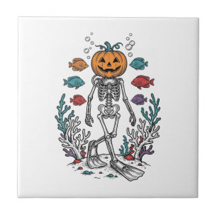 Azulejo Diseño de buzo de esqueleto de calabaza vintage de