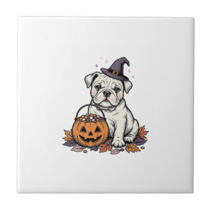 Azulejo Diseño de calabaza de bulldog de Halloween grabado