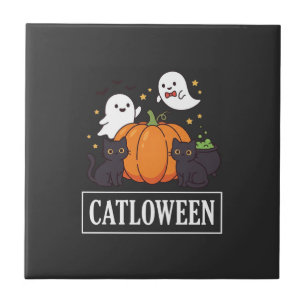 Azulejo Diseño de calabaza fantasma de gato divertido de C